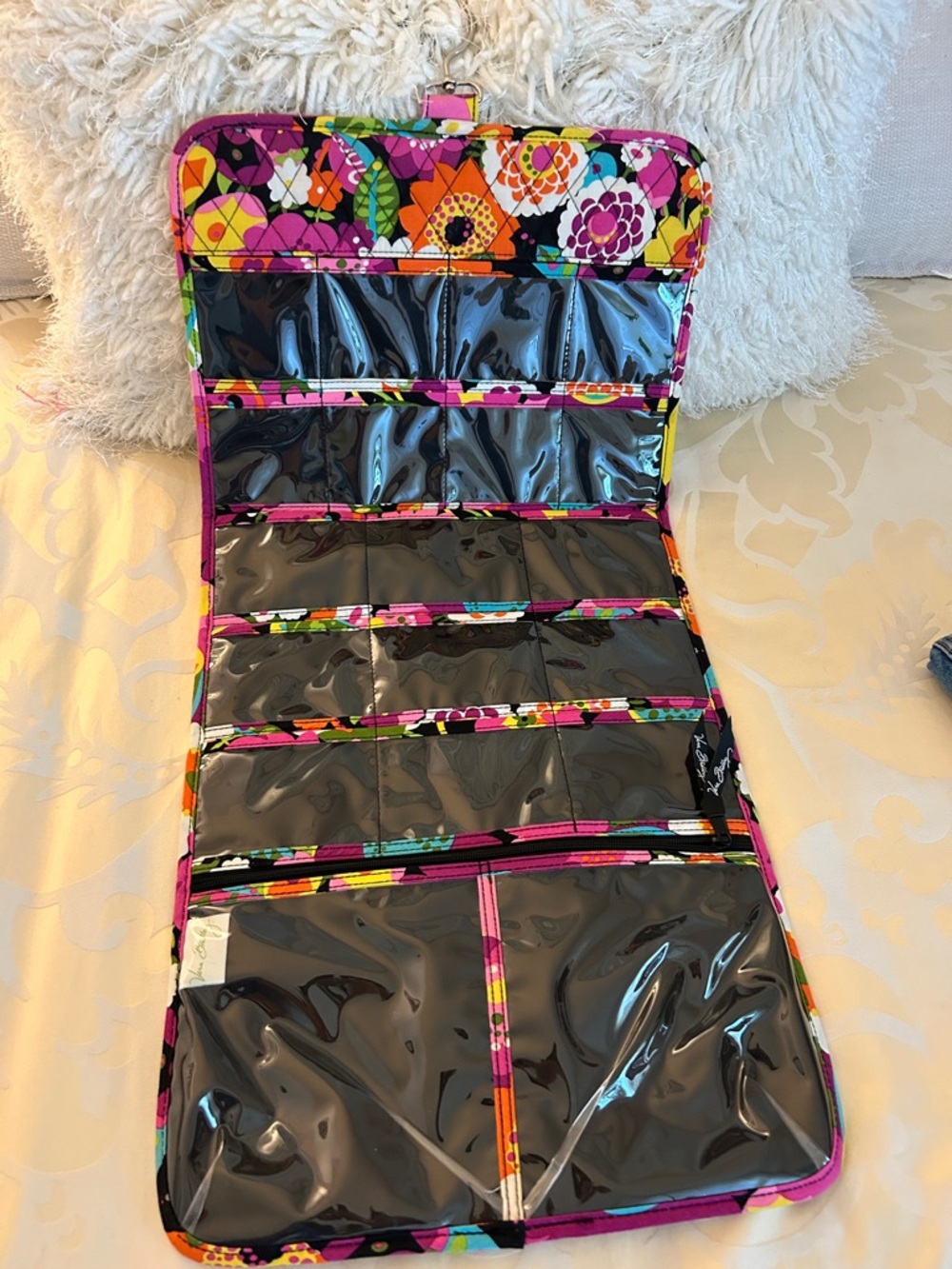 Vera Bradley Black Floral Zip Jewelry Case with Pink Trim